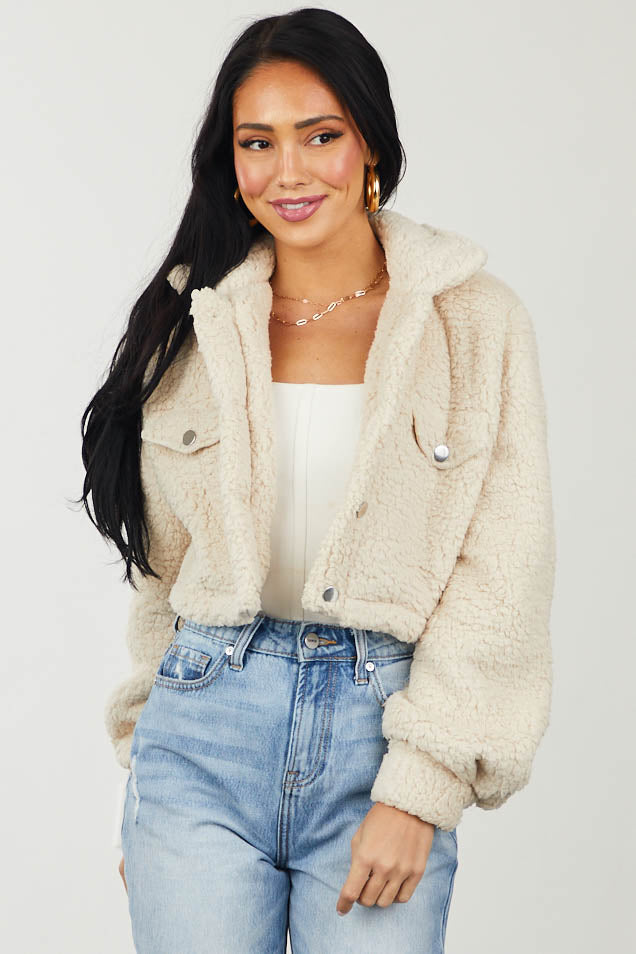 Cream Collared Button Up Cropped Sherpa Jacket