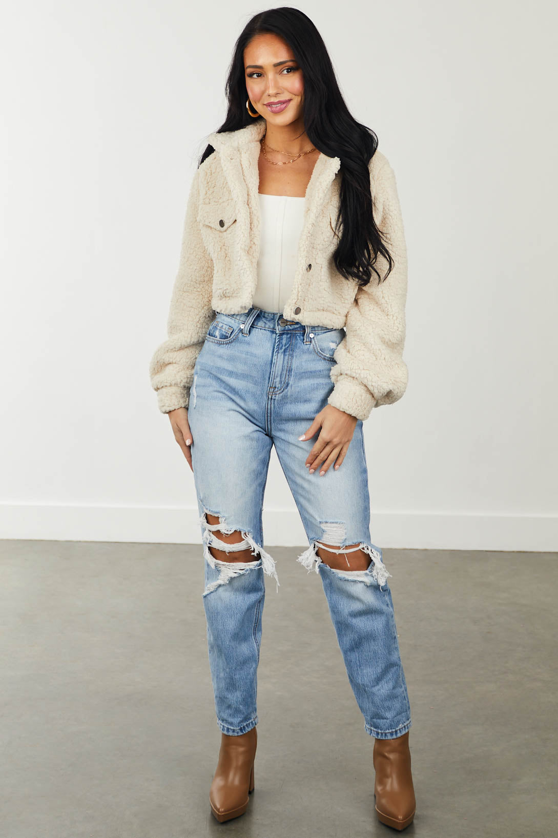 Cream Collared Button Up Cropped Sherpa Jacket