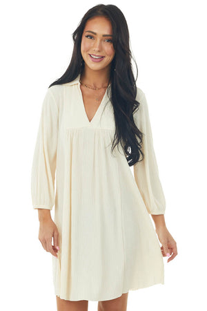 Cream Collared V Neck Pleated Short Woven Dress