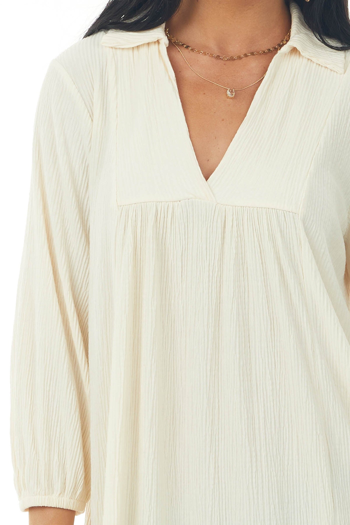 Cream Collared V Neck Pleated Short Woven Dress