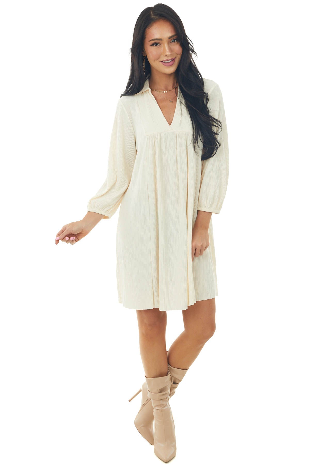 Cream Collared V Neck Pleated Short Woven Dress