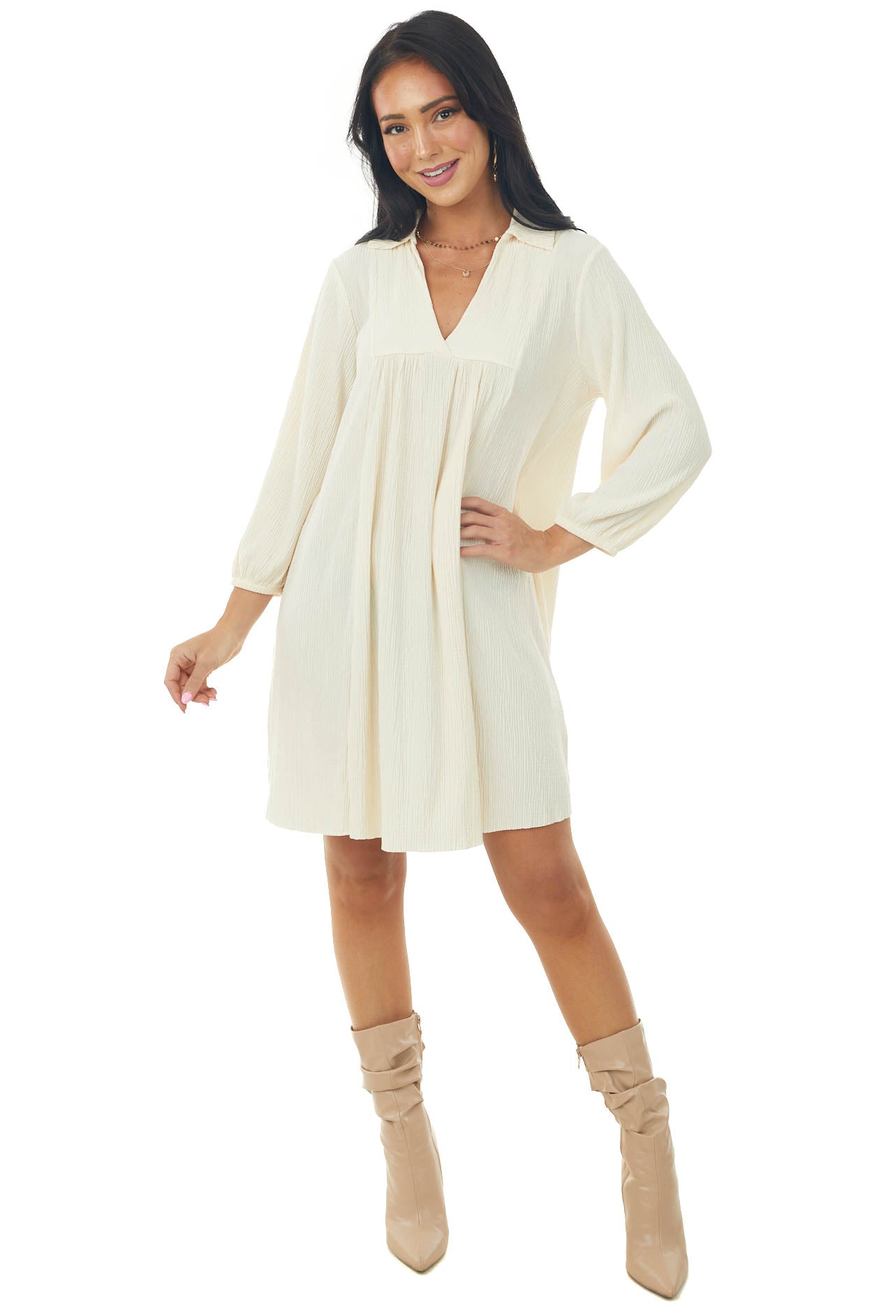 Cream Collared V Neck Pleated Short Woven Dress