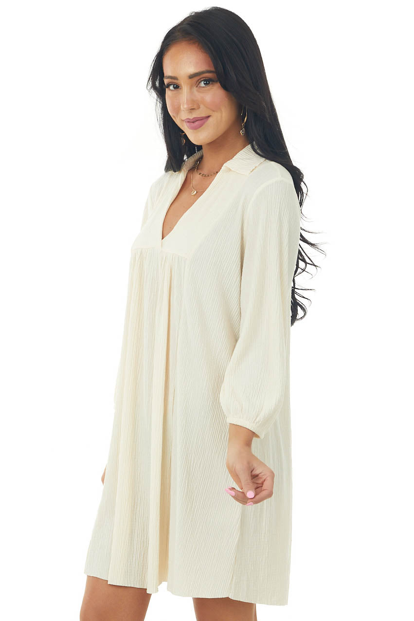 Cream Collared V Neck Pleated Short Woven Dress