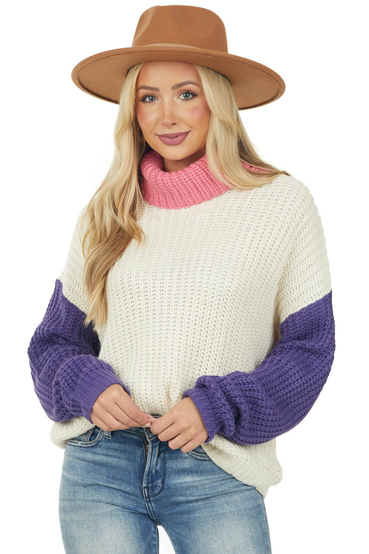 Cream Colorblock Turtleneck Long Sleeve Sweater