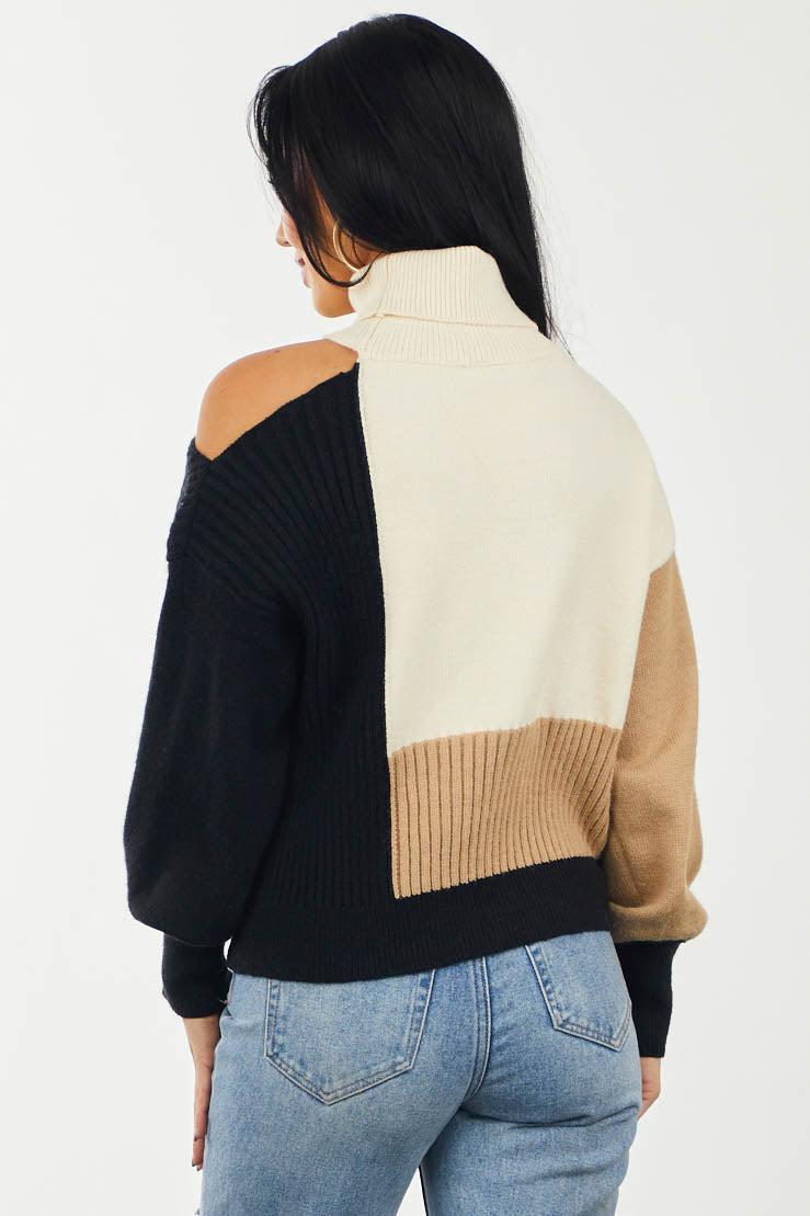 Cream Colorblock Turtleneck Sweater with Cut Out