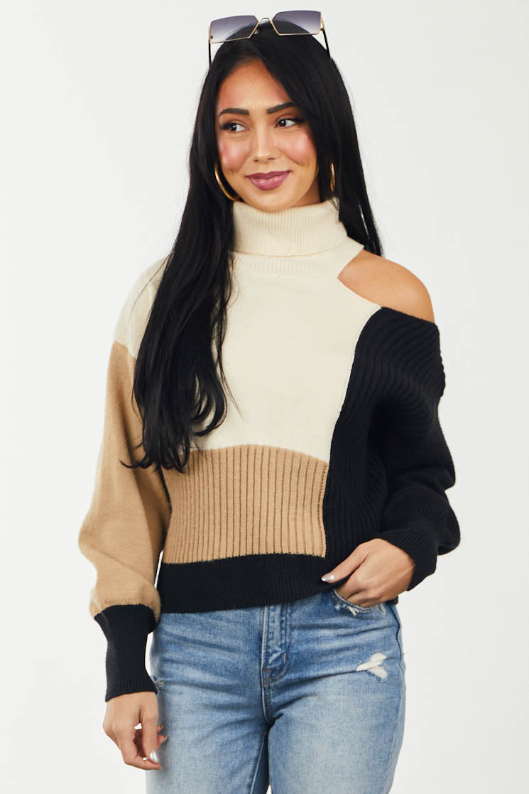 Cream Colorblock Turtleneck Sweater with Cut Out