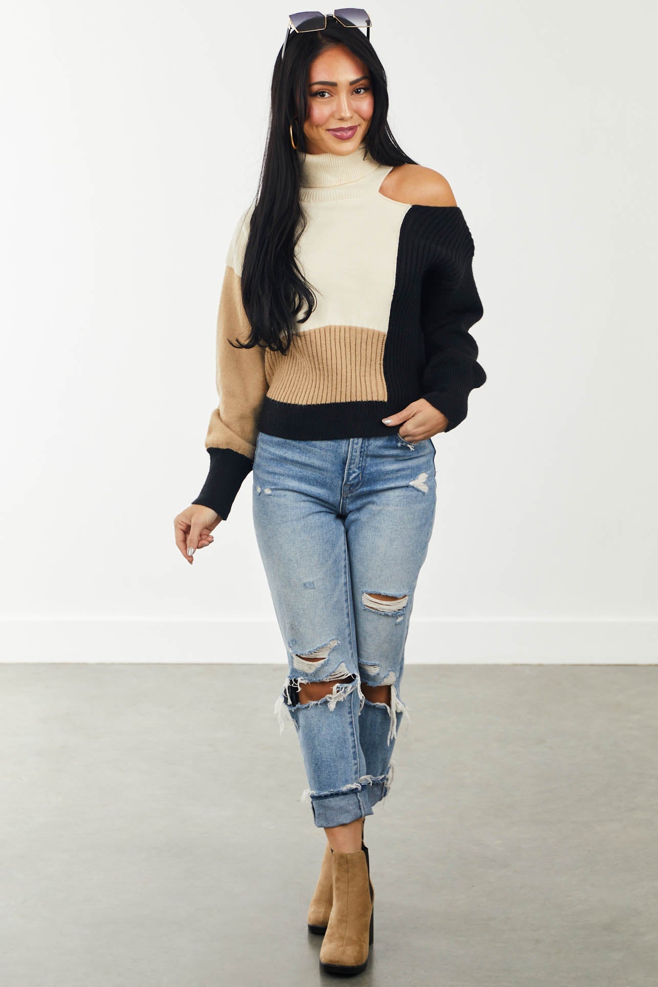 Cream Colorblock Turtleneck Sweater with Cut Out