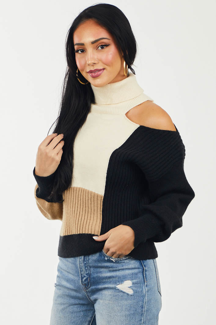 Cream Colorblock Turtleneck Sweater with Cut Out