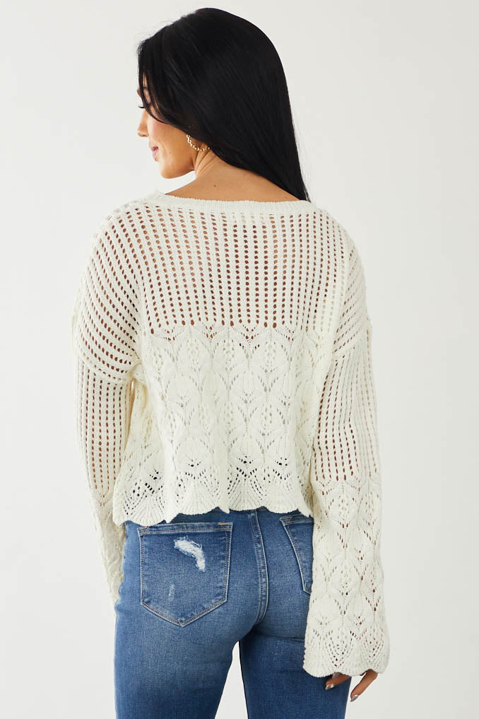 Cream Cropped Pointelle Crochet Knit Sweater