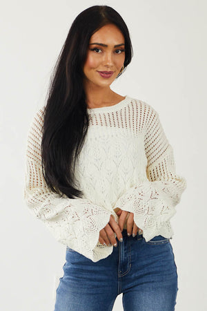 Cream Cropped Pointelle Crochet Knit Sweater