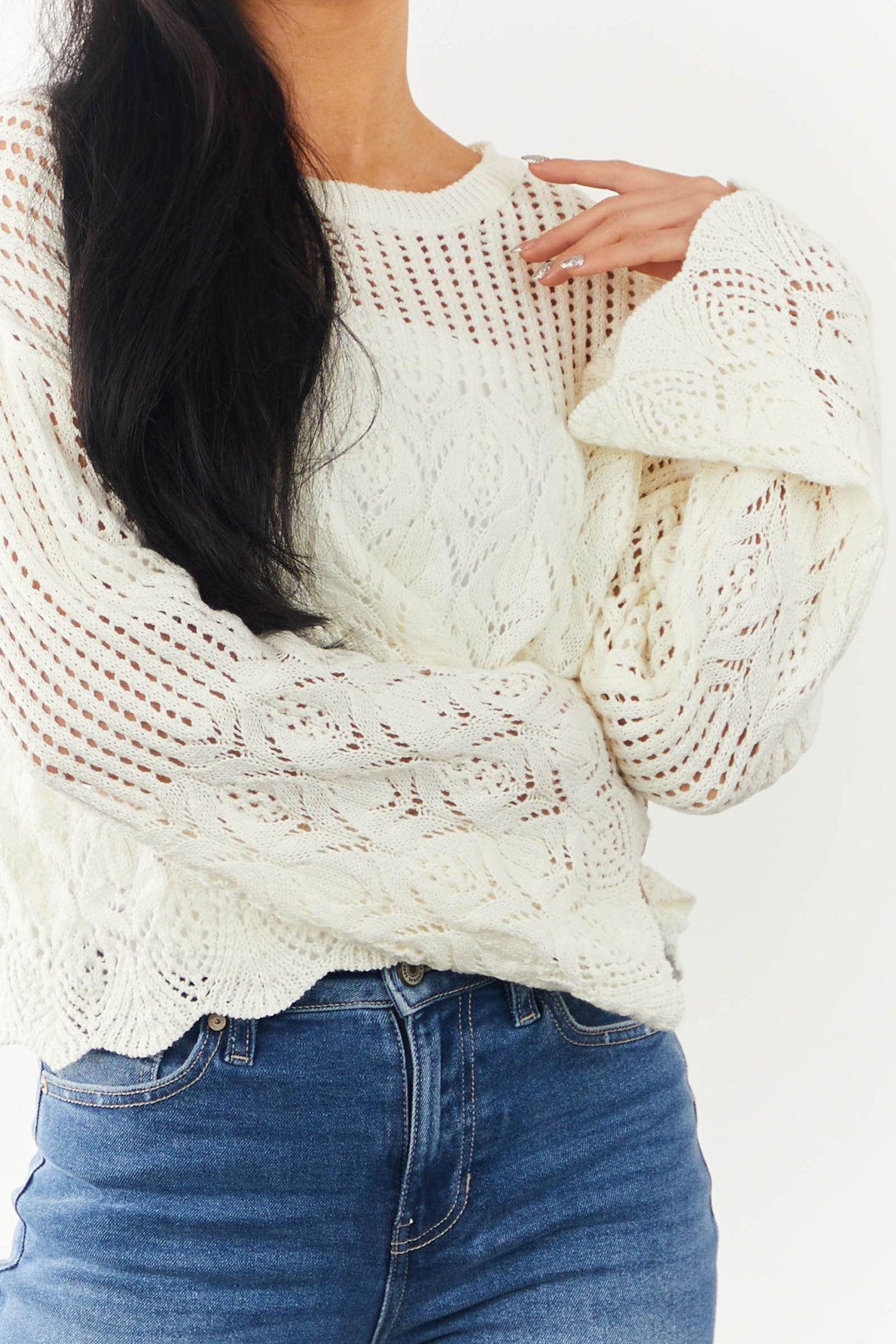 Cream Cropped Pointelle Crochet Knit Sweater