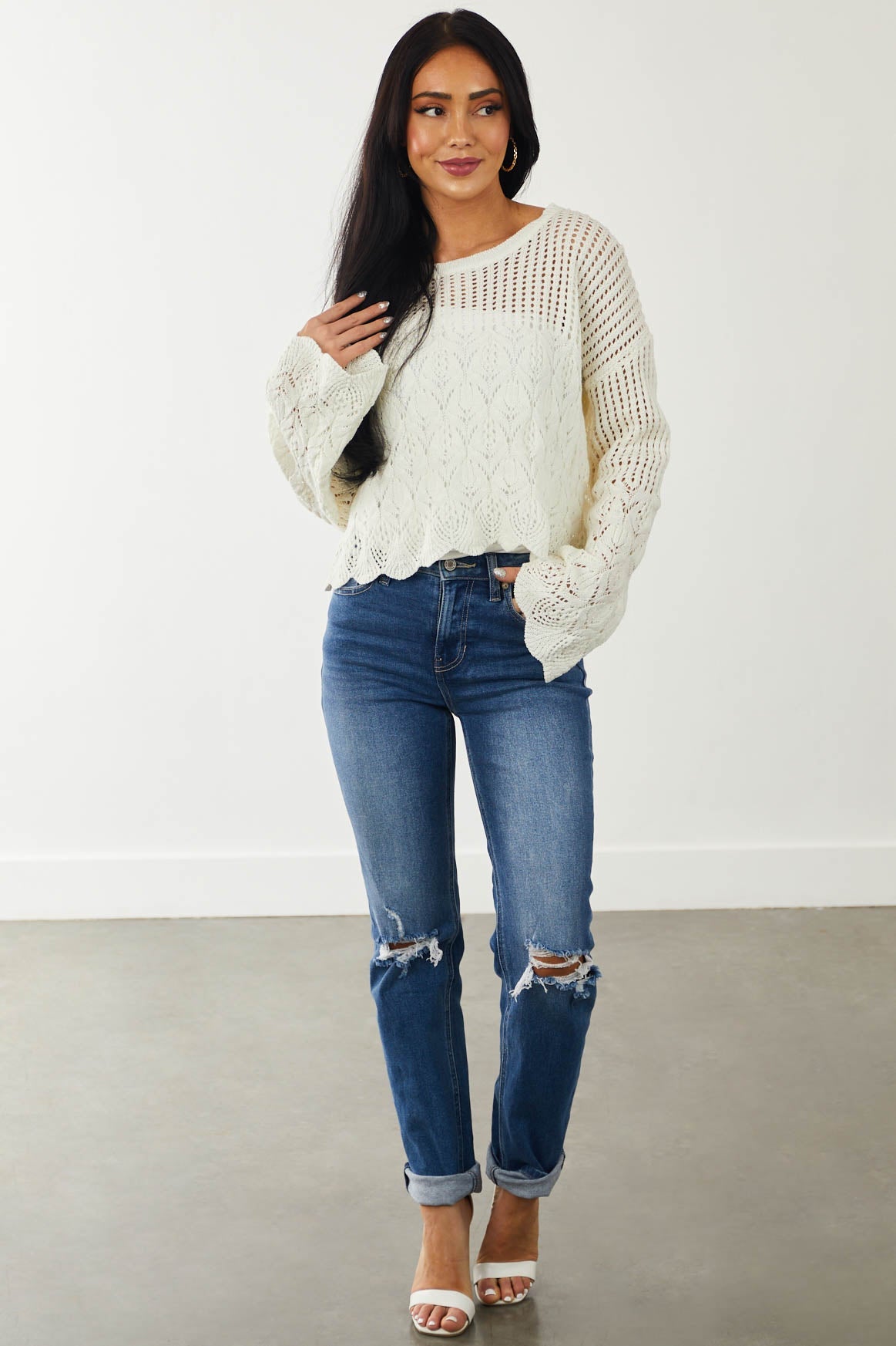 Cream Cropped Pointelle Crochet Knit Sweater
