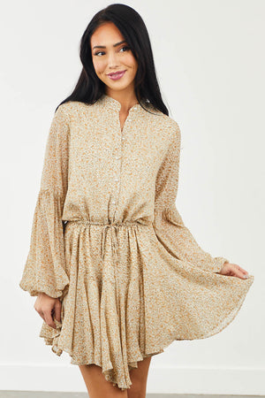 Cream Ditsy Floral Bubble Sleeve Mini Dress
