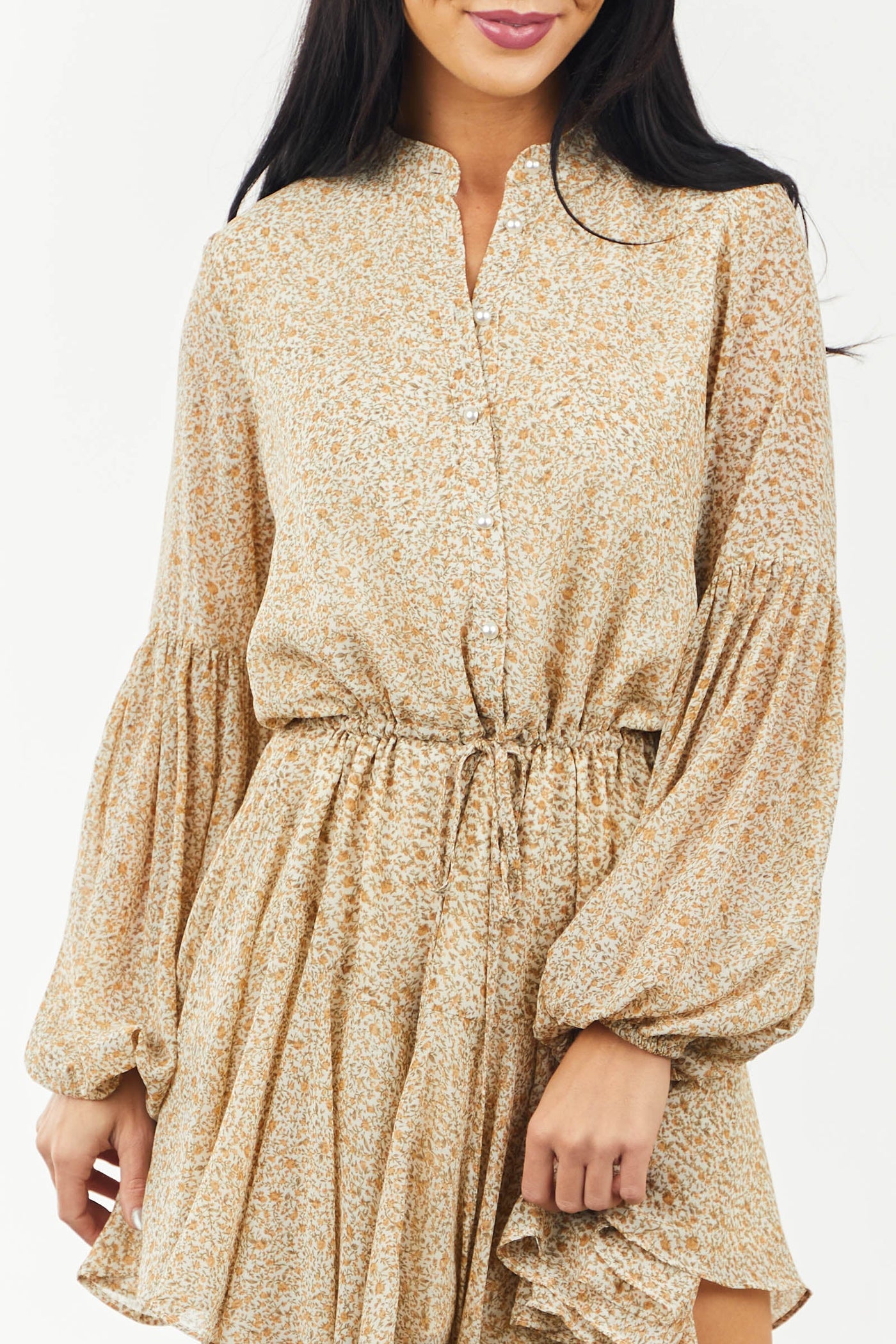 Cream Ditsy Floral Bubble Sleeve Mini Dress