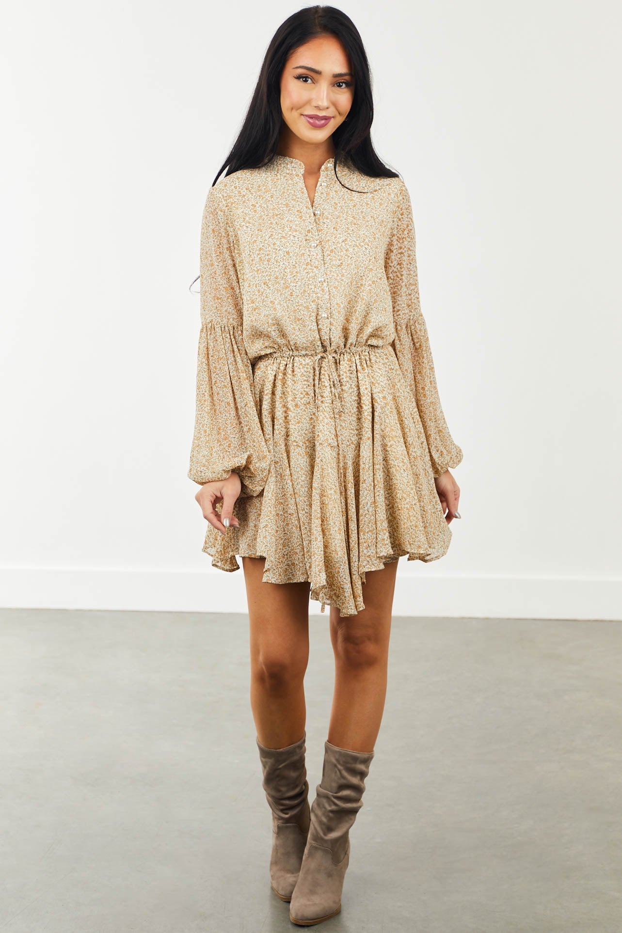 Cream Ditsy Floral Bubble Sleeve Mini Dress