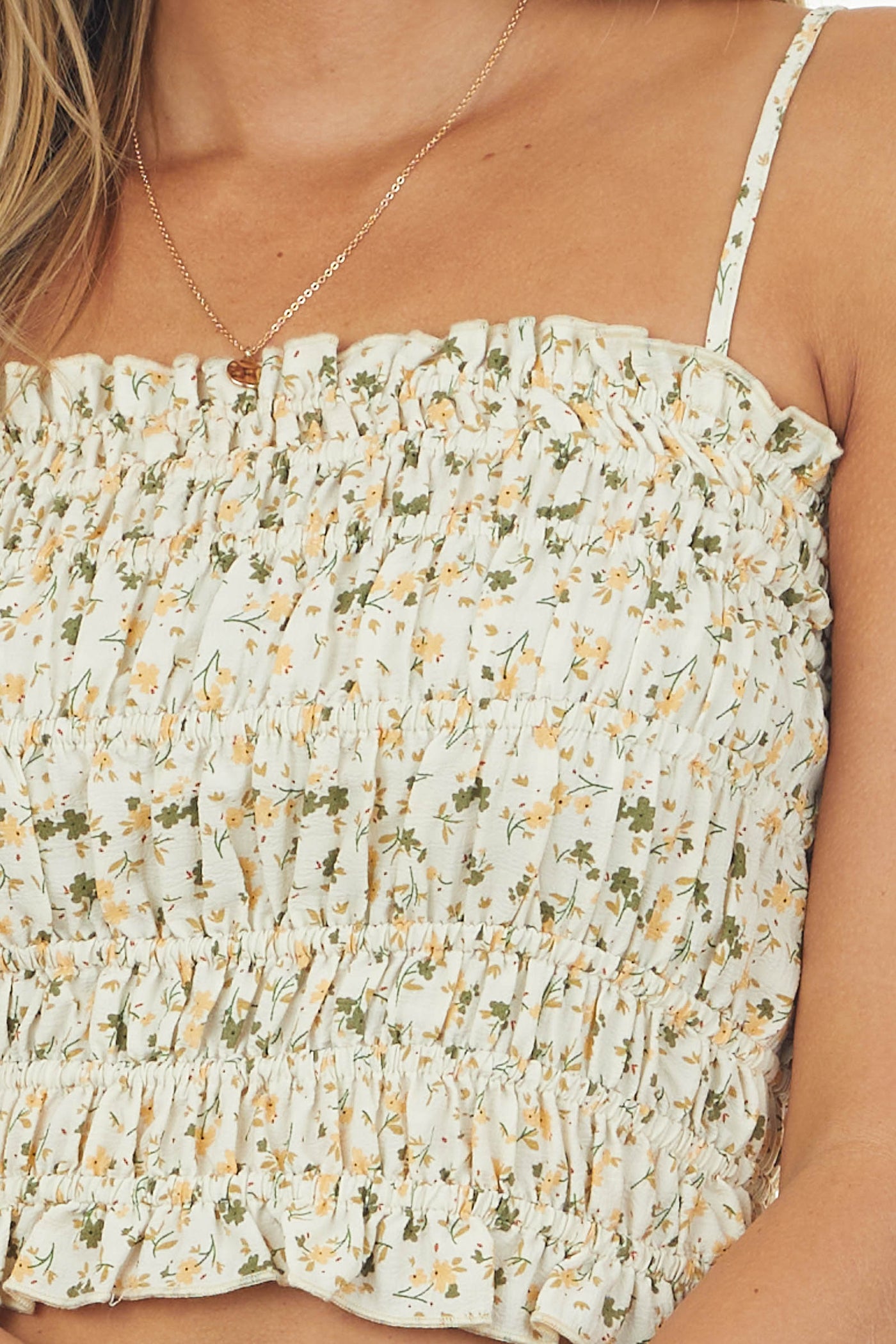 Cream Ditsy Floral Smocked Sleeveless Crop Top