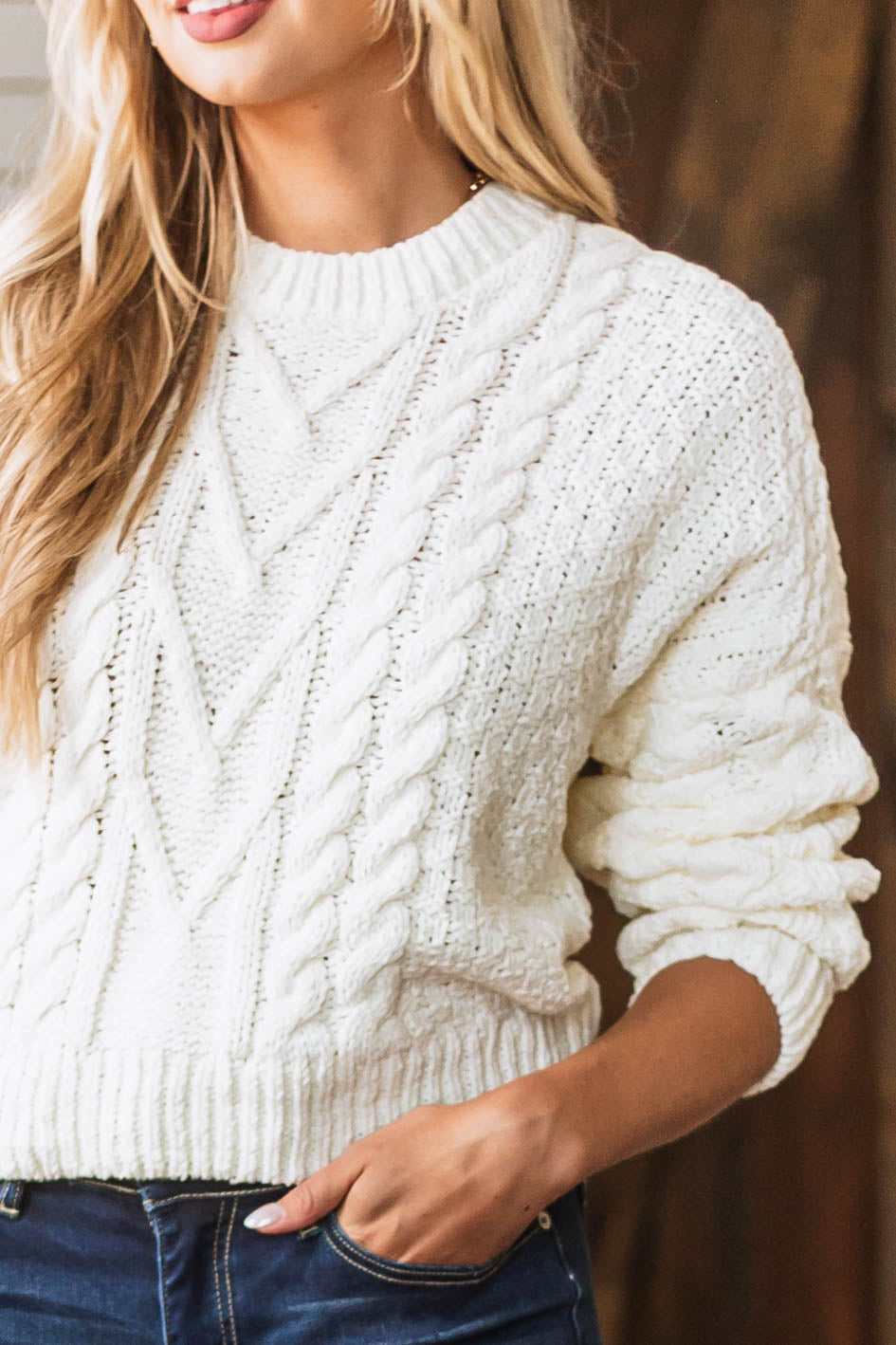 Cream Drop Shoulder Cable Knit Sweater