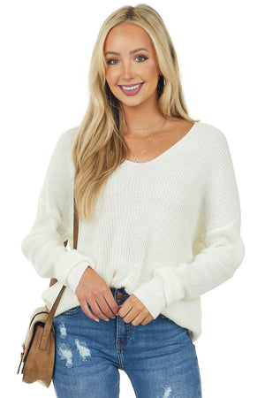 Cream Drop Shoulder V Neck Light Sweater