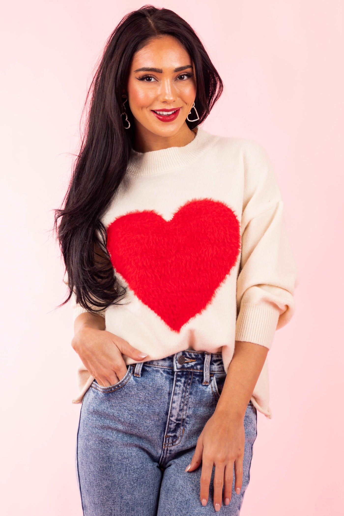 Cream Faux Fur Heart Soft Cropped Sweater