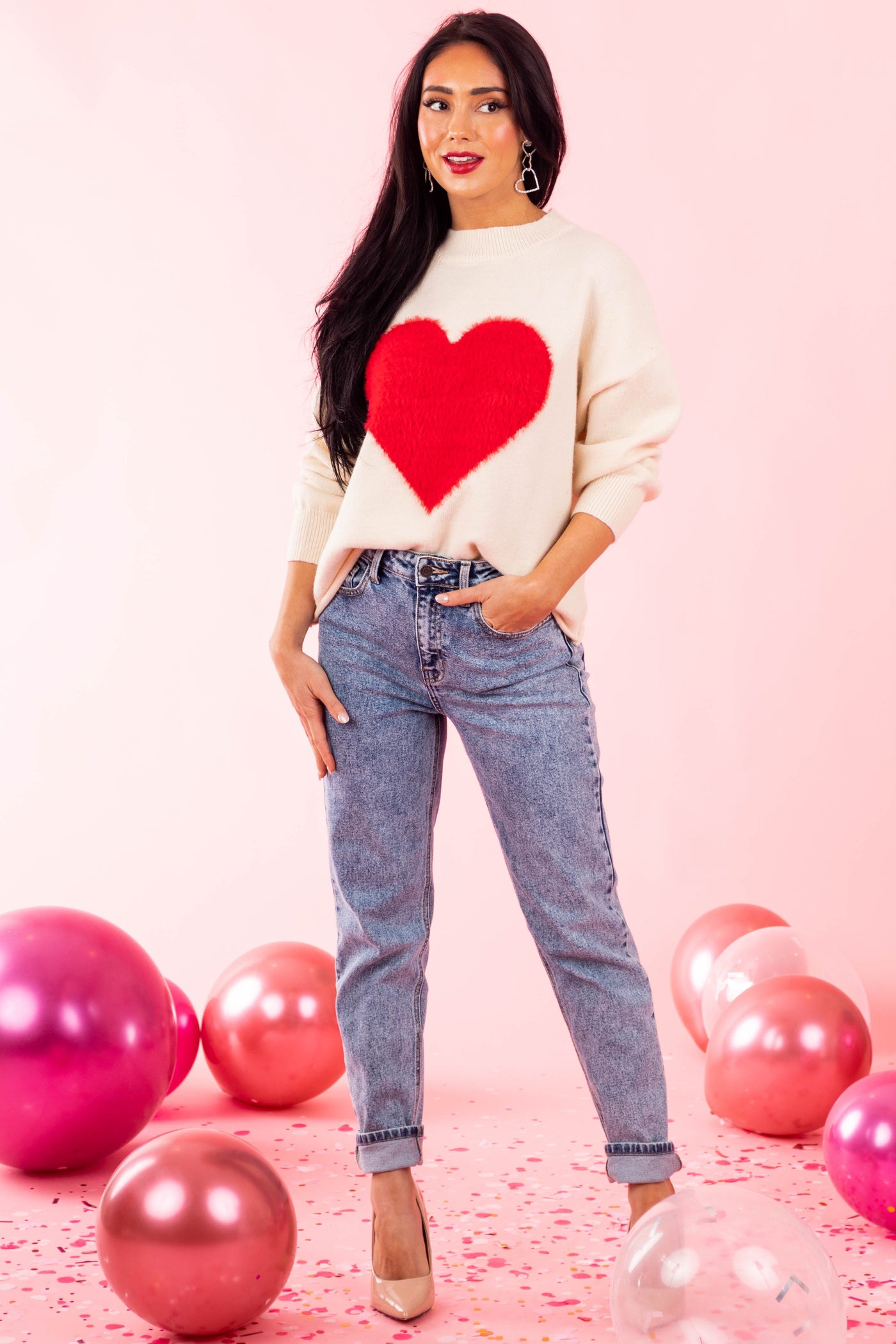 Cream Faux Fur Heart Soft Cropped Sweater