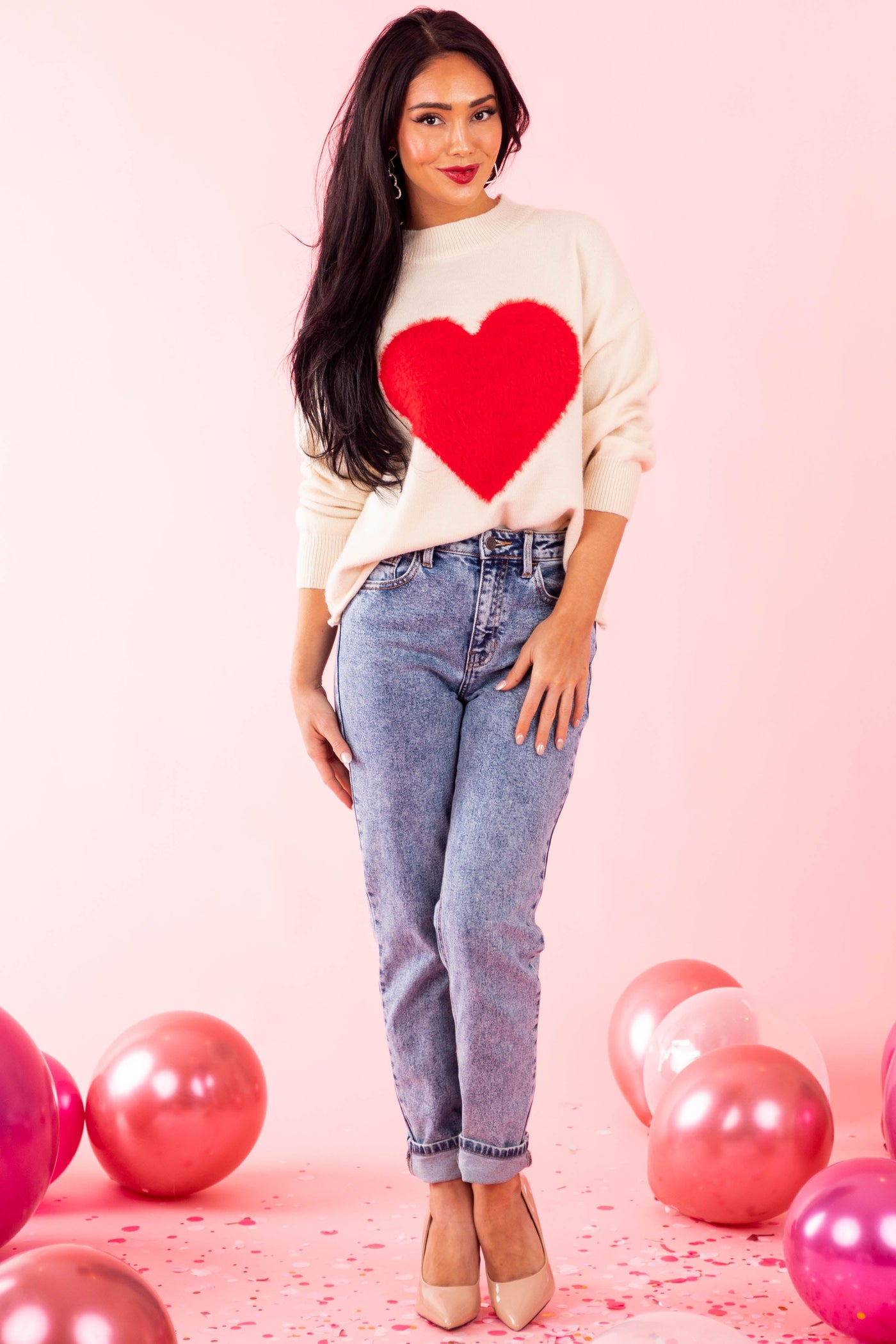 Cream Faux Fur Heart Soft Cropped Sweater