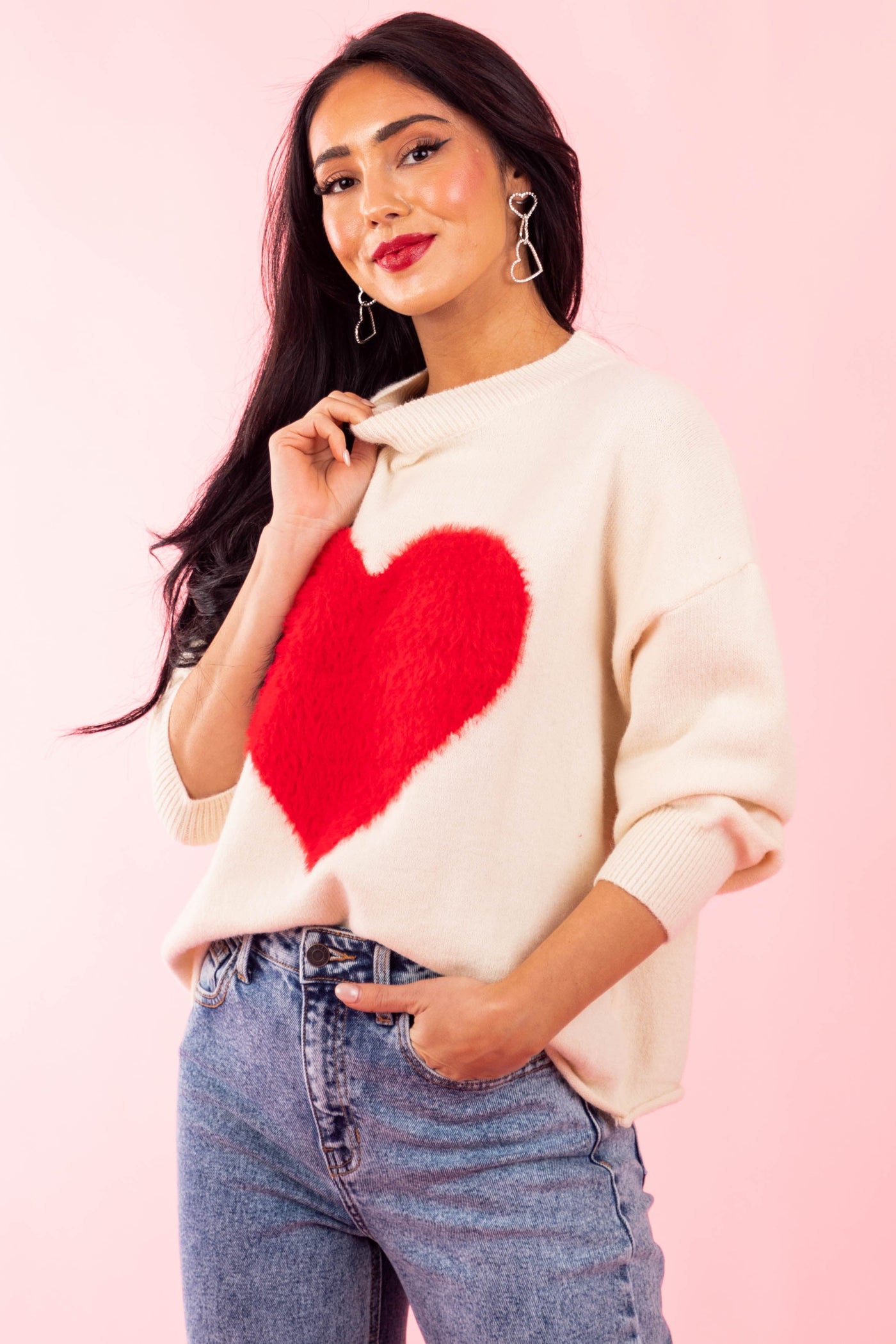 Cream Faux Fur Heart Soft Cropped Sweater