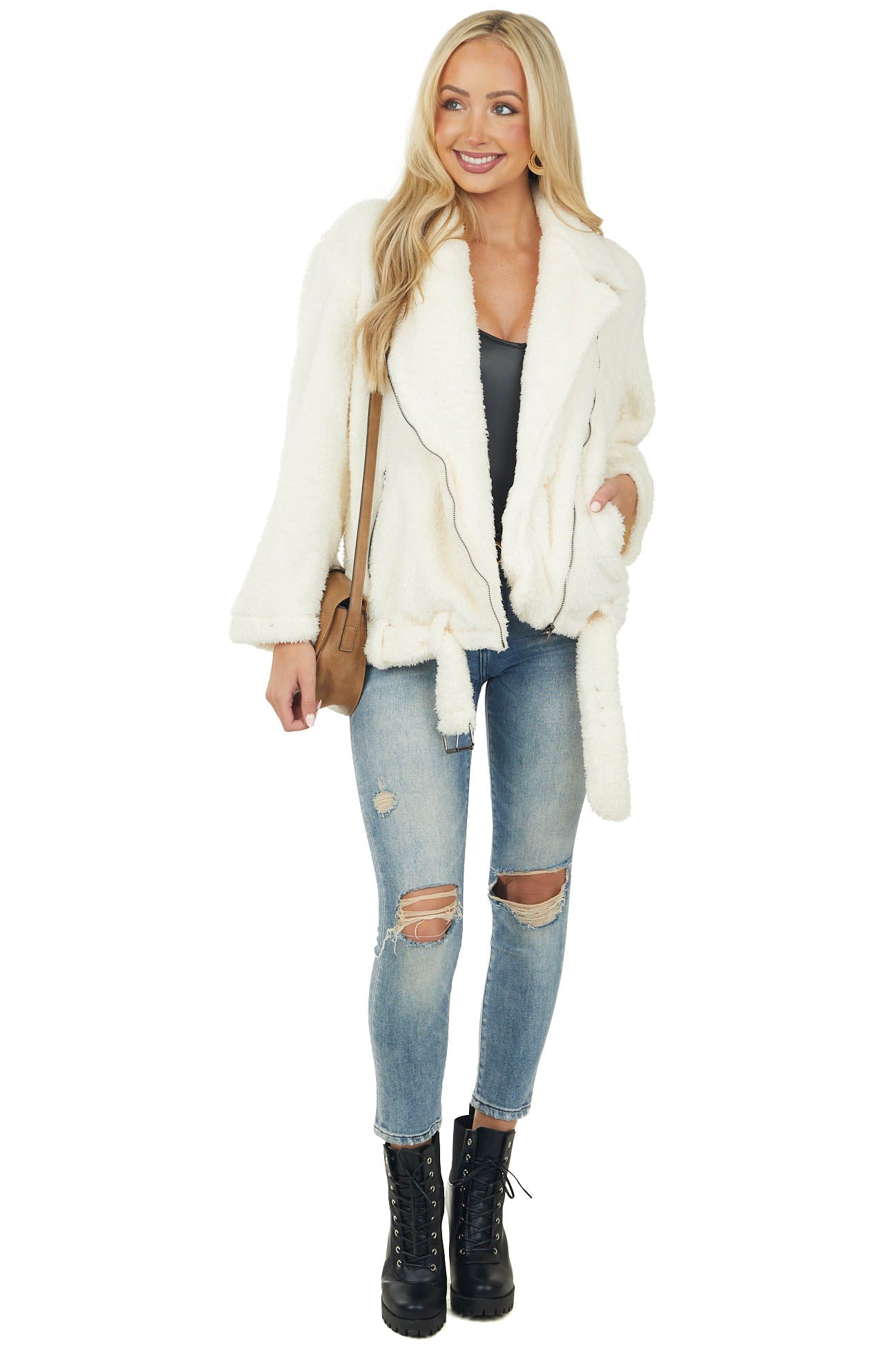 Cream Faux Fur Zip Up Jacket with Belt Detail
