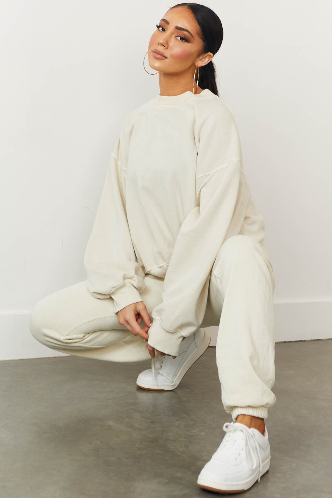 Cream Fleece Lined Seam Detail Sweatshirt