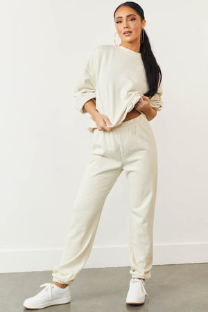Cream Fleece Lined Solid Cotton Sweatpants