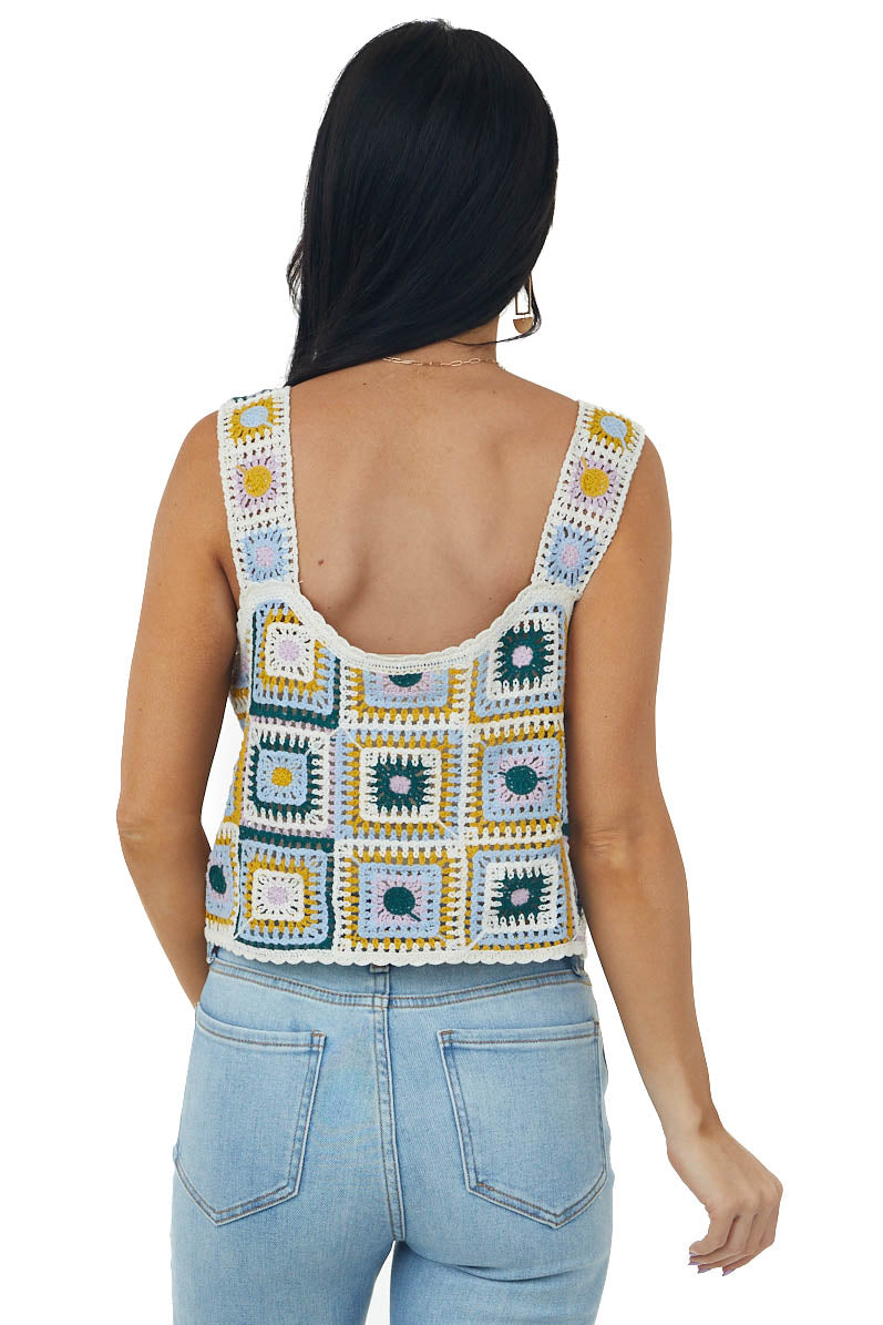 Cream Floral Crochet Sleeveless Cropped Tank Top