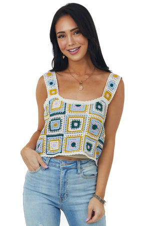 Cream Floral Crochet Sleeveless Cropped Tank Top