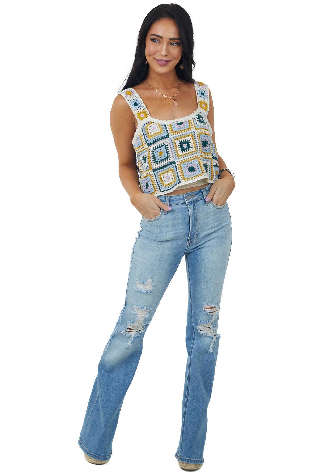 Cream Floral Crochet Sleeveless Cropped Tank Top