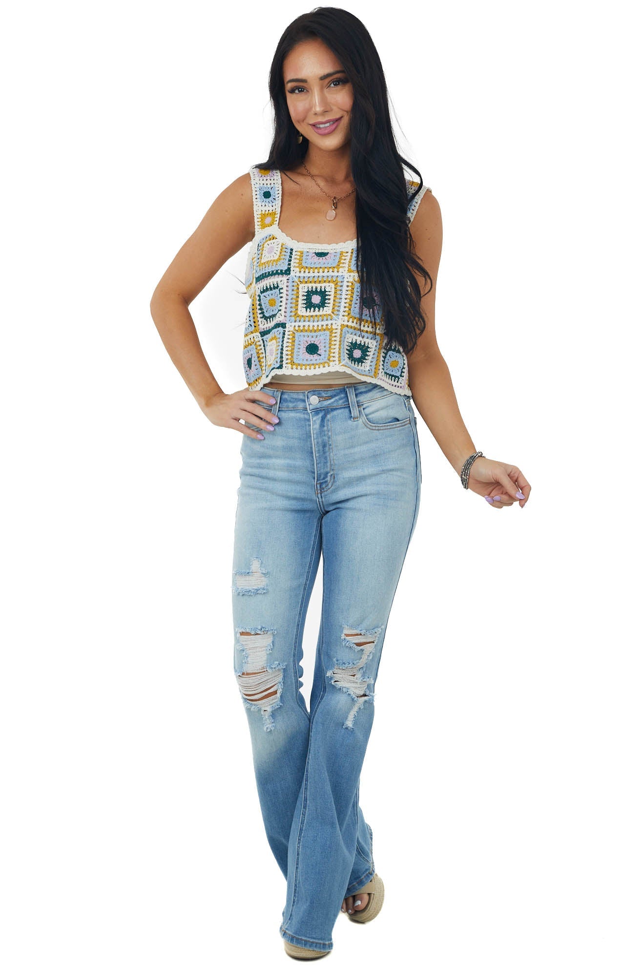 Cream Floral Crochet Sleeveless Cropped Tank Top