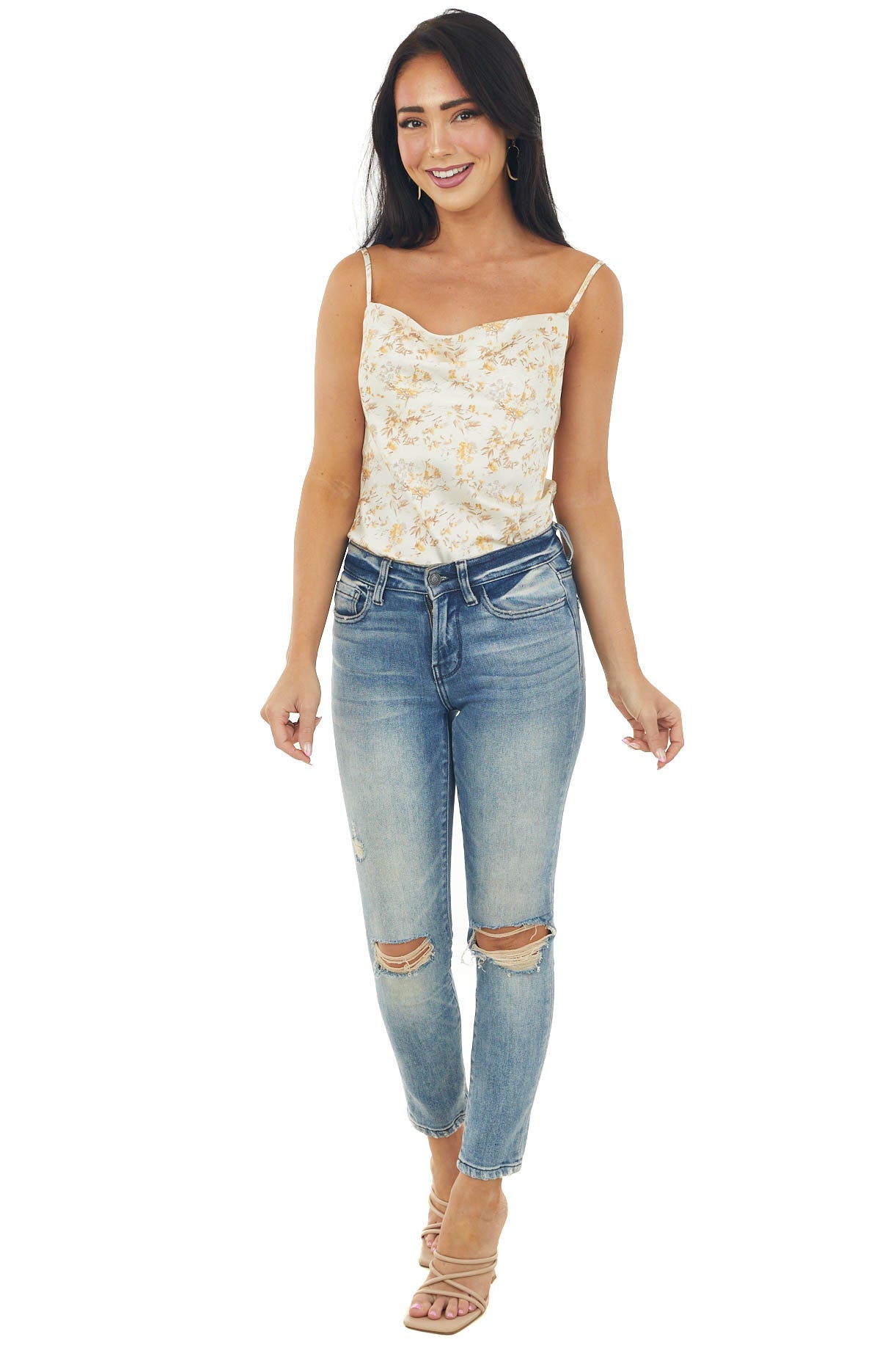 Cream Floral Print Draped Neck Satin Camisole