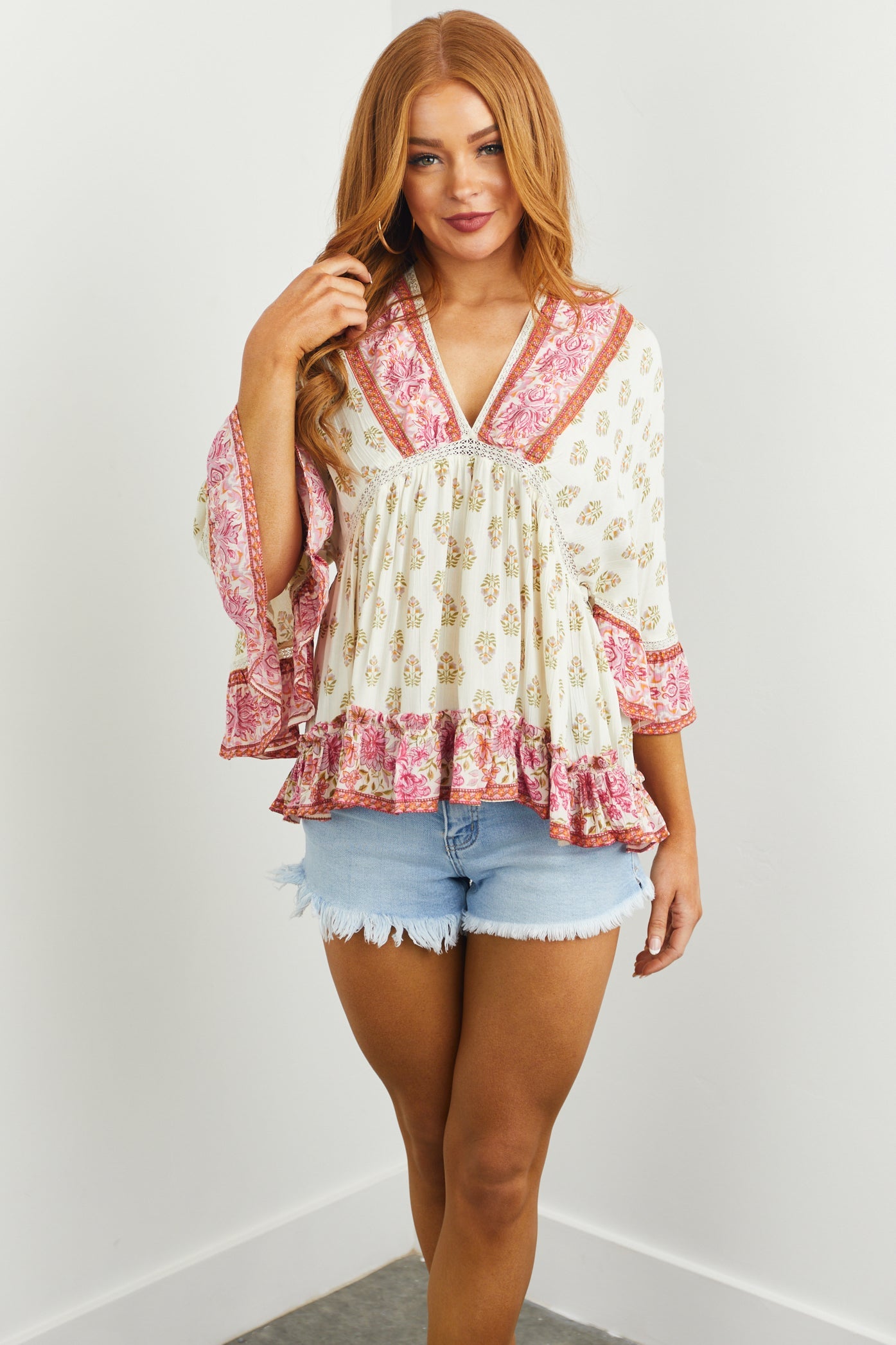 Cream Floral Print Lace Trim 3/4 Sleeve Top