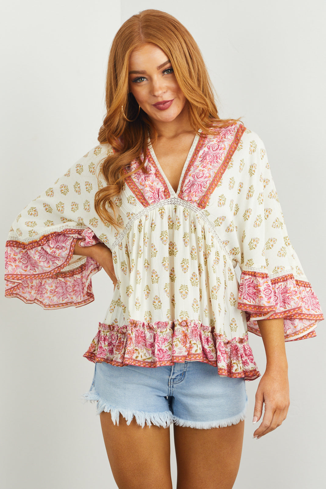 Cream Floral Print Lace Trim 3/4 Sleeve Top