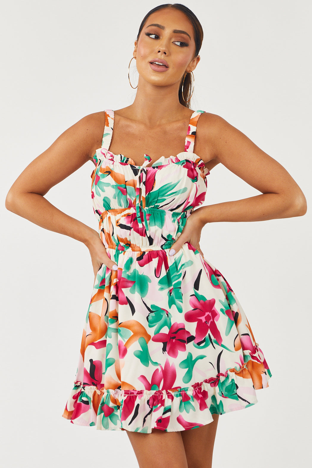 Cream Floral Print Sleeveless Babydoll Mini Dress