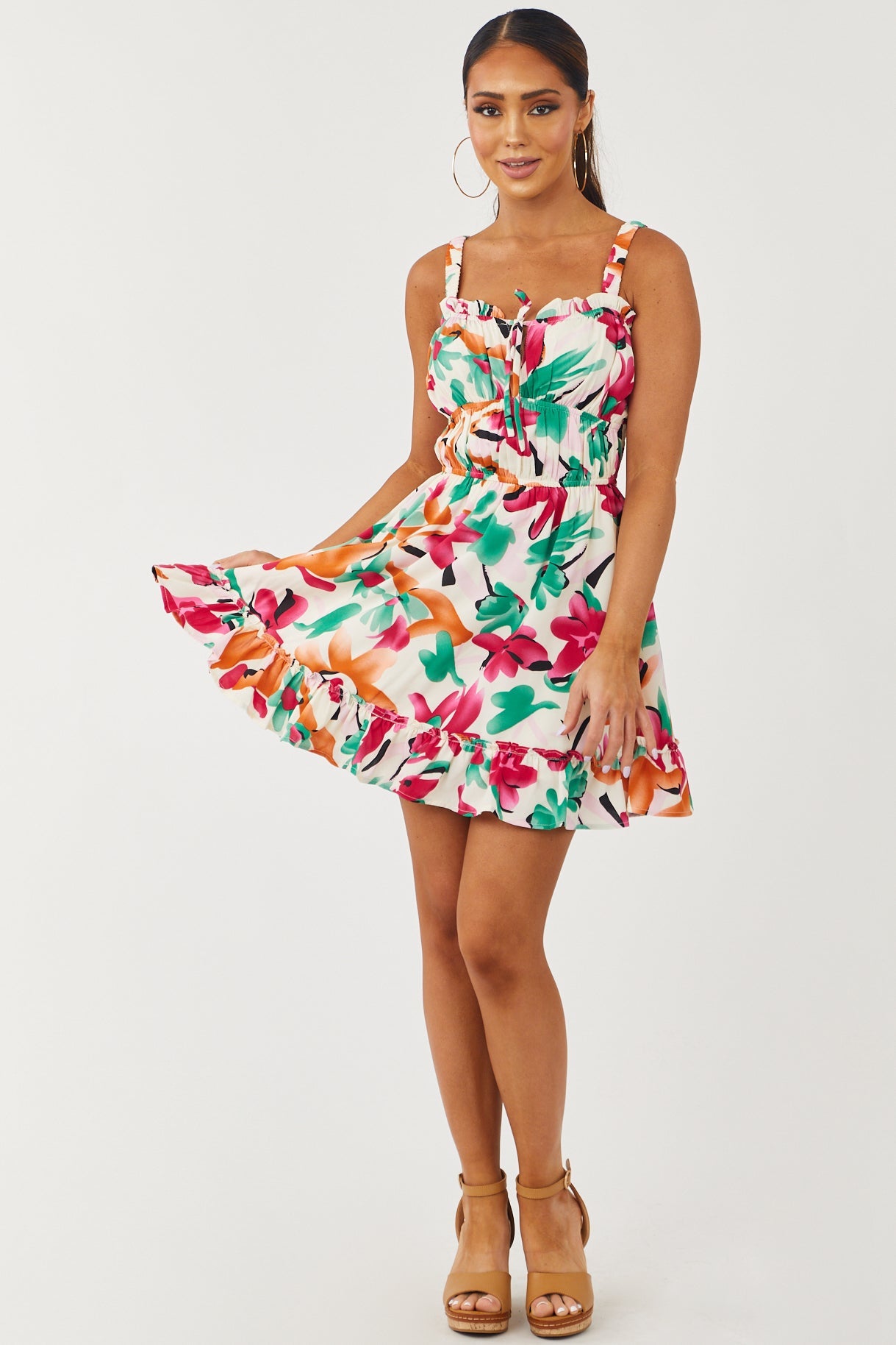 Cream Floral Print Sleeveless Babydoll Mini Dress