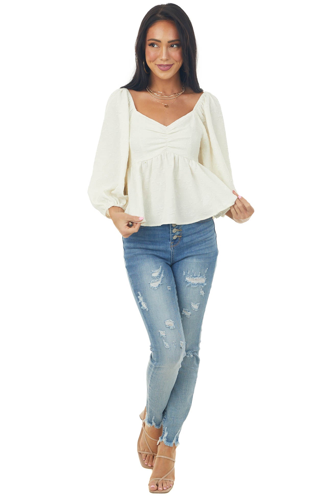 Cream Floral Textured Babydoll Blouse