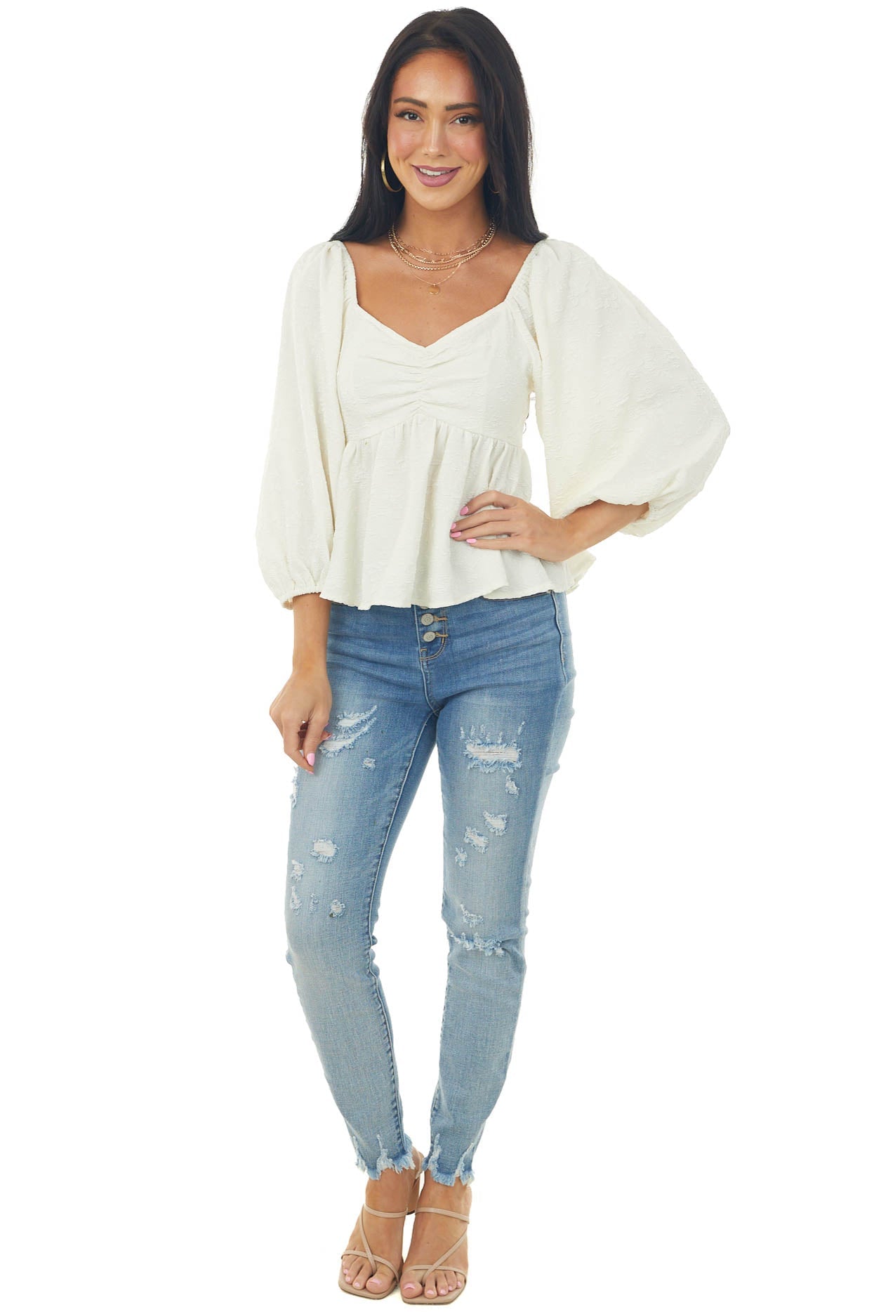 Cream Floral Textured Babydoll Blouse