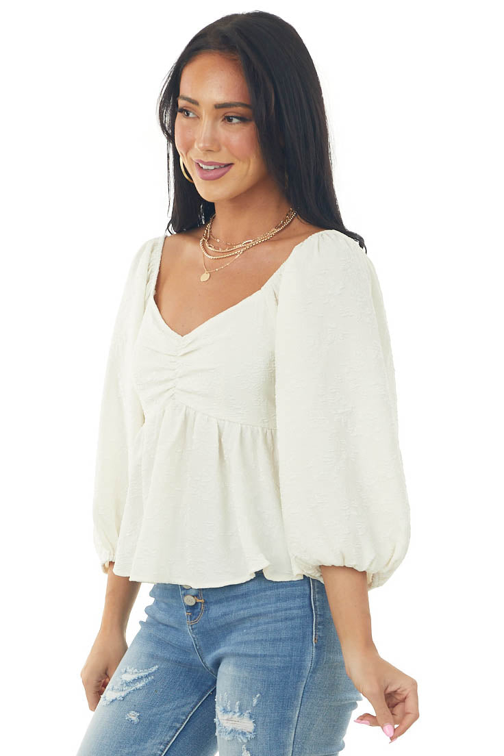 Cream Floral Textured Babydoll Blouse