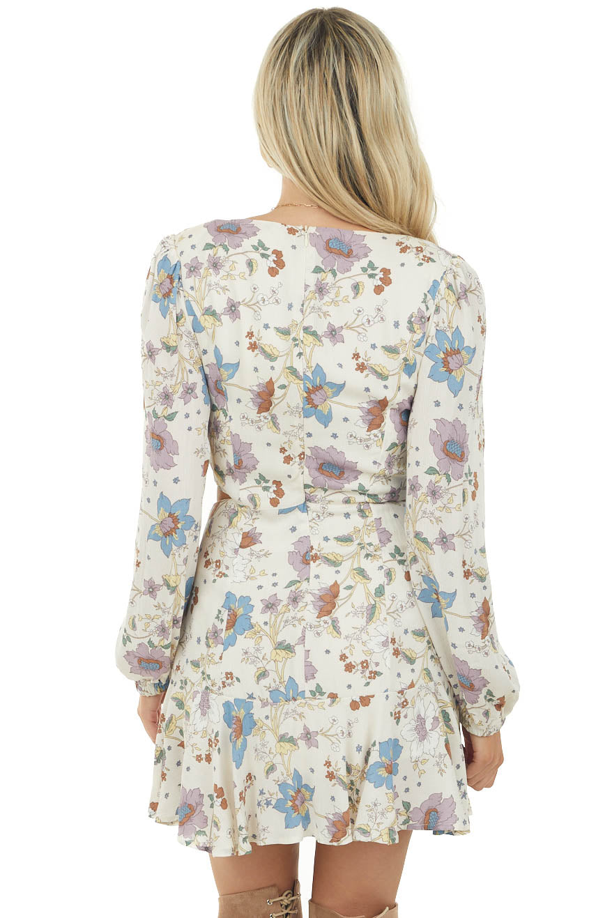 Cream Floral V Neck Long Sleeve Zip Up Dress