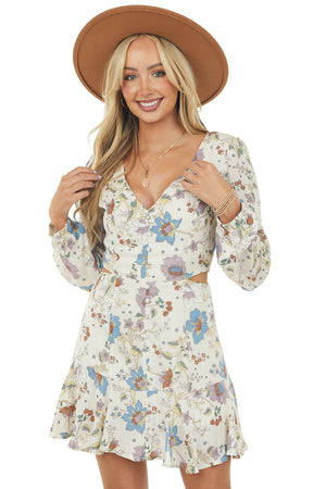 Cream Floral V Neck Long Sleeve Zip Up Dress