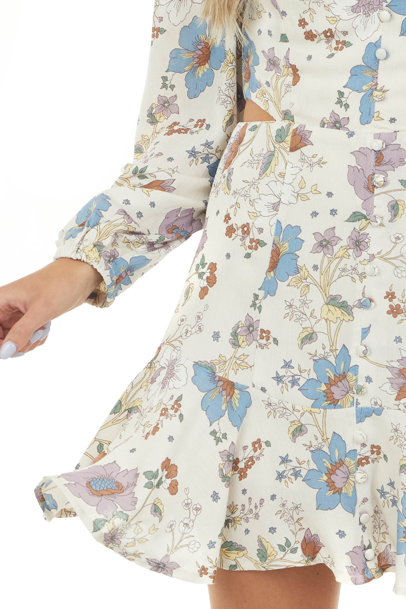 Cream Floral V Neck Long Sleeve Zip Up Dress