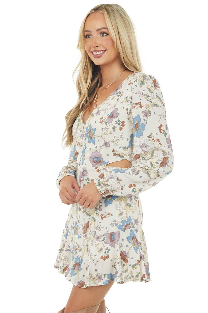 Cream Floral V Neck Long Sleeve Zip Up Dress