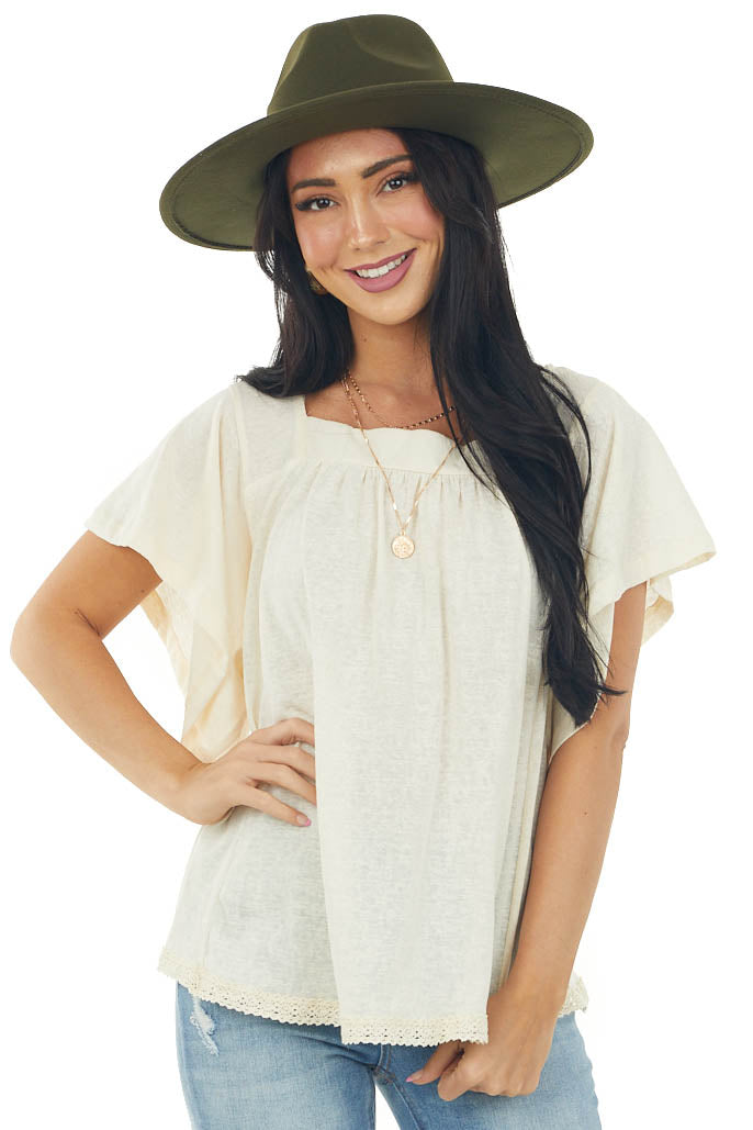 Cream Flutter Sleeve Knit Top with Lace Hem