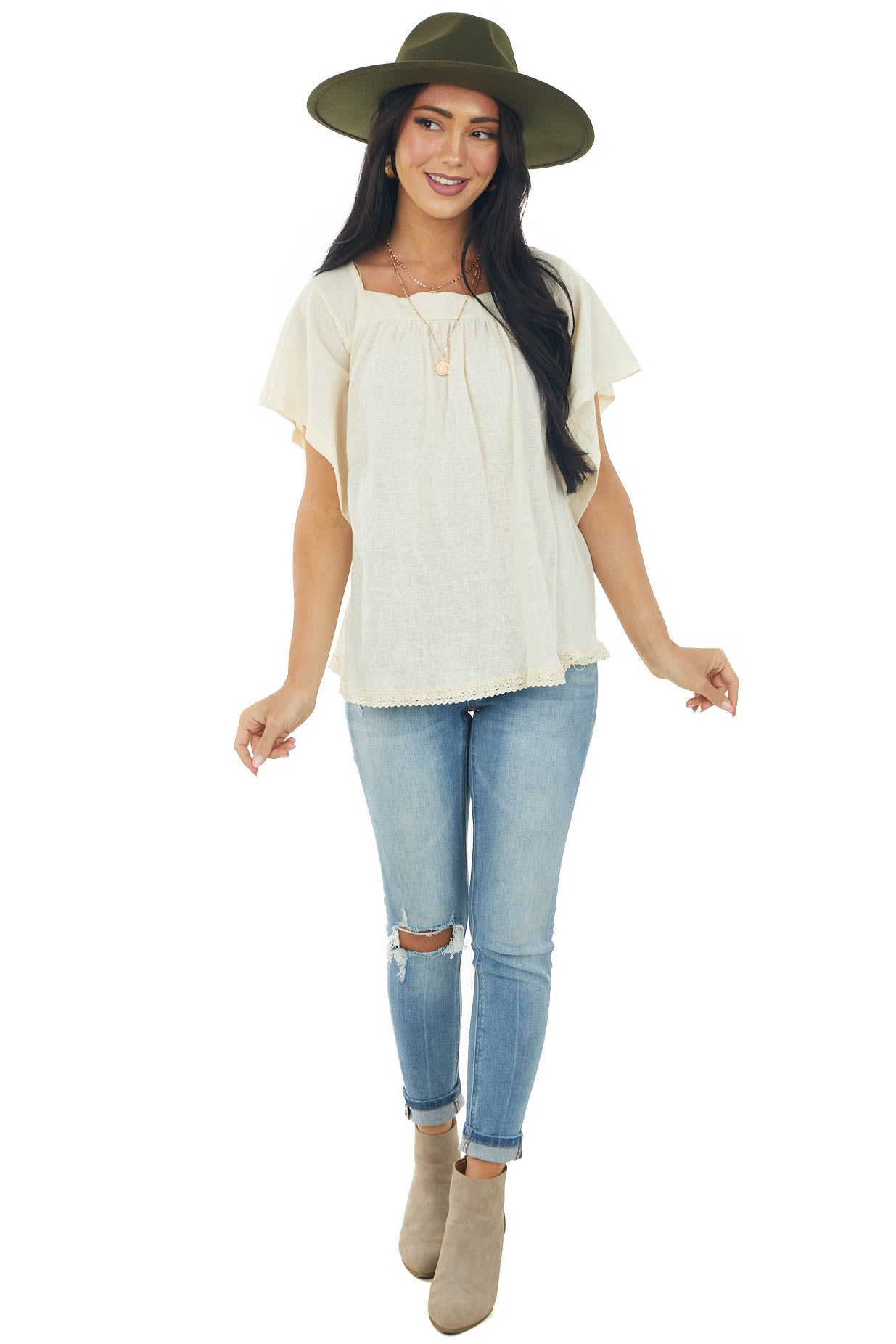 Cream Flutter Sleeve Knit Top with Lace Hem