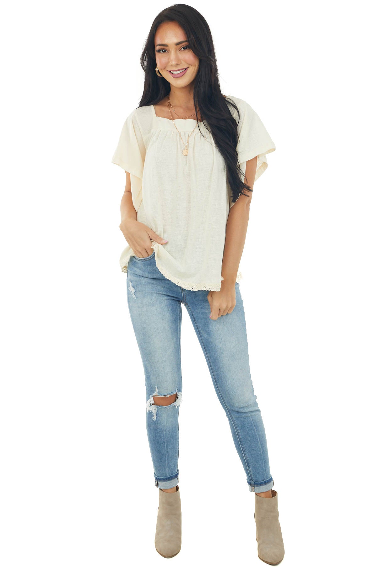 Cream Flutter Sleeve Knit Top with Lace Hem