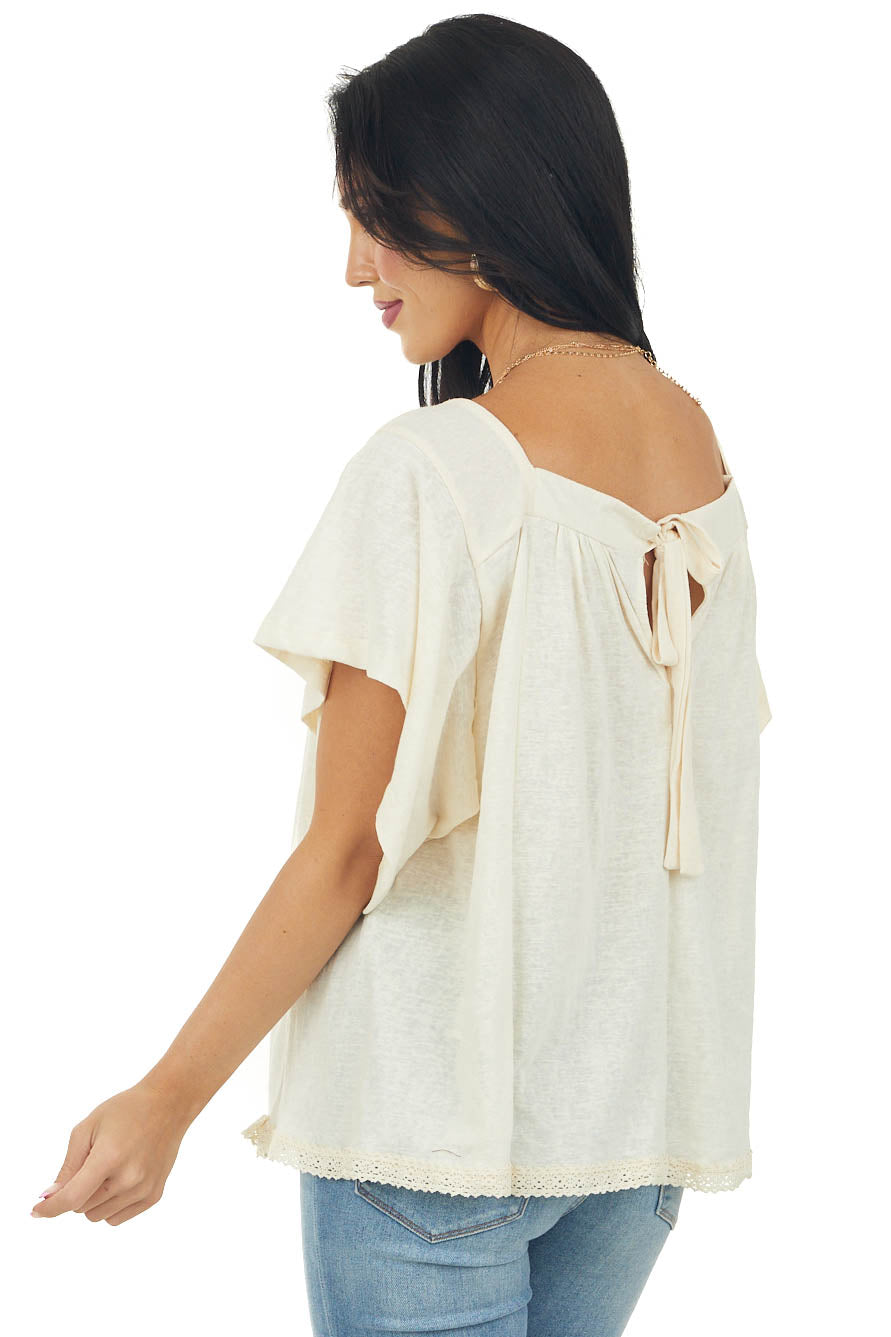 Cream Flutter Sleeve Knit Top with Lace Hem
