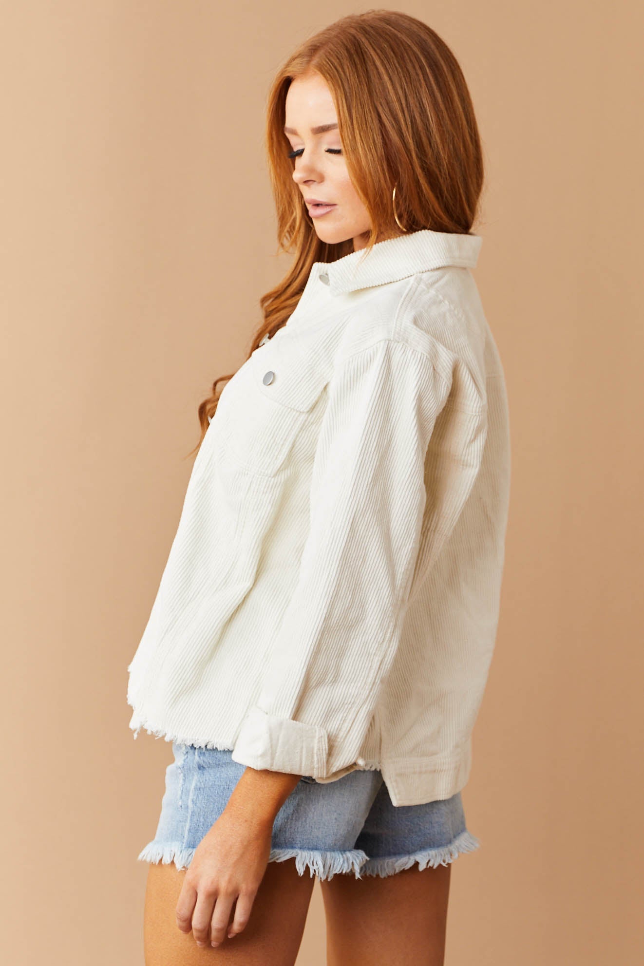 Cream Frayed Hem Corduroy Jacket